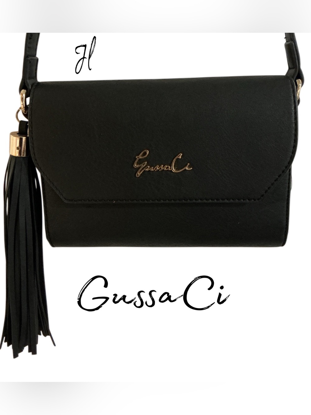 GUSSACI Italy Black Vegan Leather Crossbody with Large Tassel